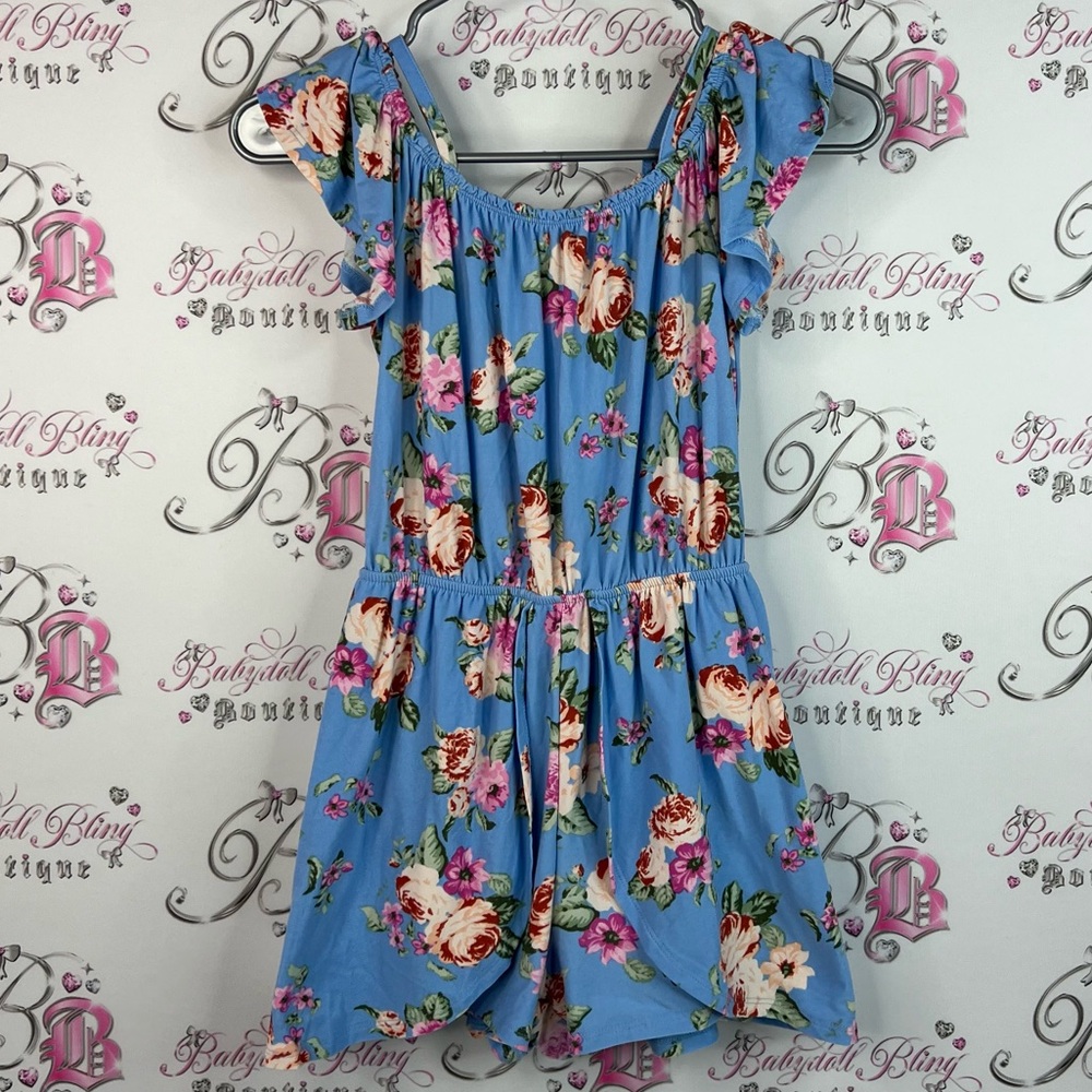 No comment romper jumpsuit shorts Charming Floral Kids Dress in Blue roses